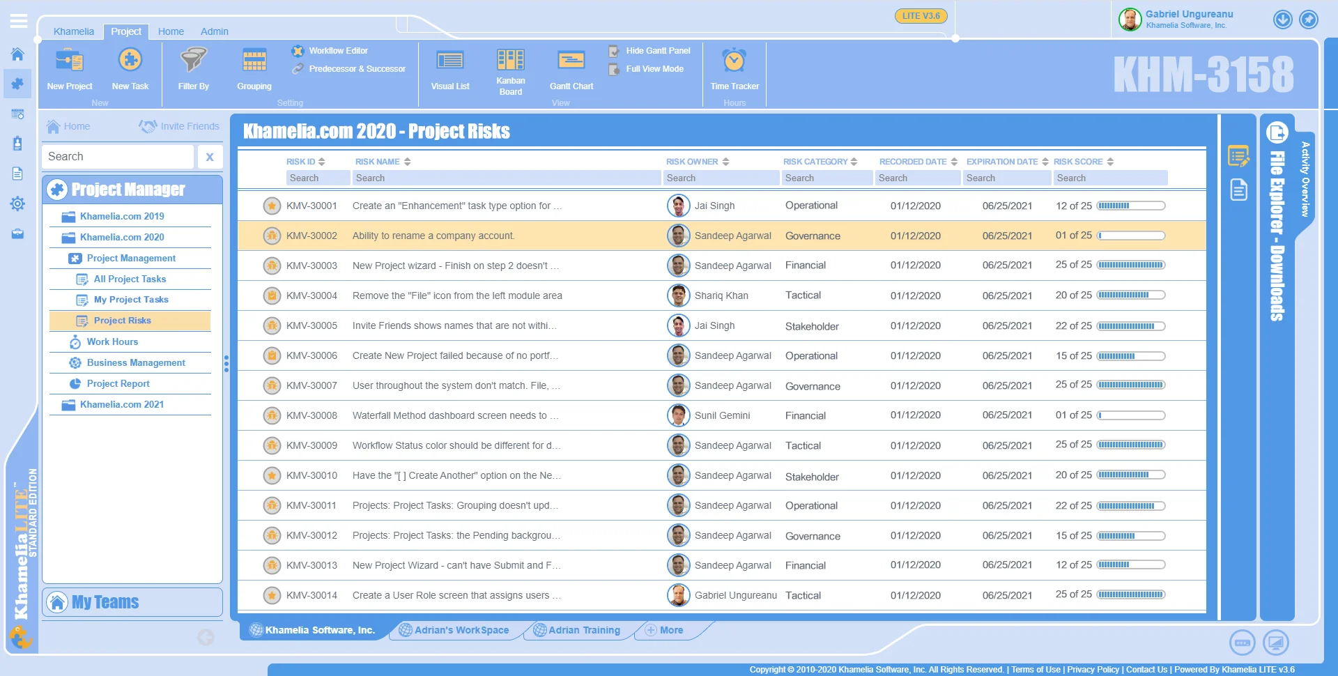 The Khamelia Risk Register